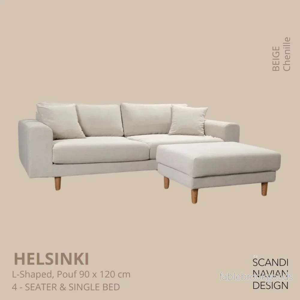 Helsinki L-shaped sofa/single bed, Chenille, Beige removable & washable