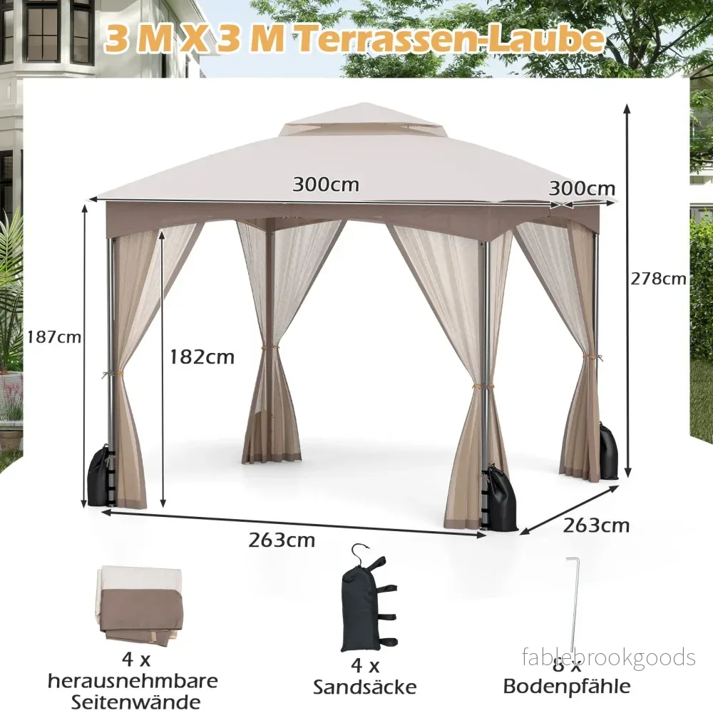 Paviljong – med myggnät och sandsäckar dubbelt tak vattentätt – 4 3 x 3 m – Khaki - Bild 2