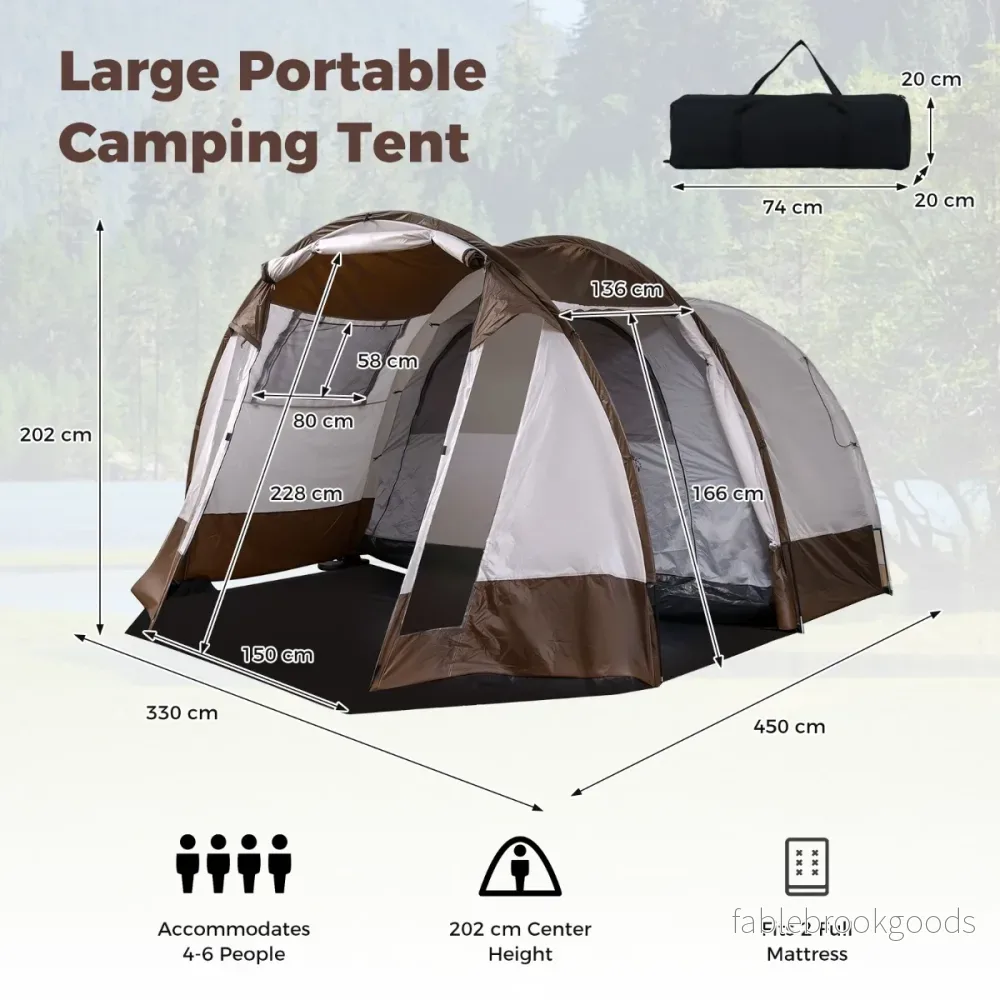 Tunnelttält – för personer, vattenavvisande campingtält med stort förrum och ventilationsdörr – 4-6 – Brun - Bild 2