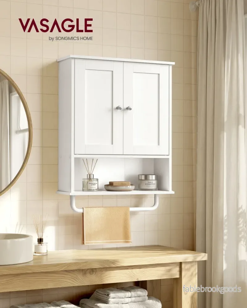 Wandkast - 20 x 56 x 60 cm - Wolkenwit - Verstelbare plank - 2 deuren - Met handdoekrek - Max. draagvermogen 44 kg - Bild 2
