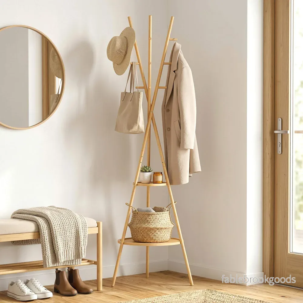 Fristående klädhängare i bambu, 9 krokar, 2 hyllor, naturfärgad - Bild 2