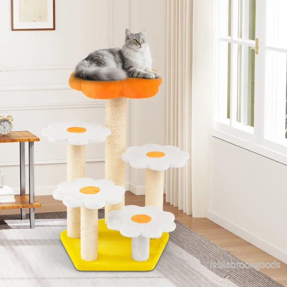 Söt – blomster klösträd för innekatter Kattträd med mysig plyschyta Sisal klöspost – Gul - Bild 3