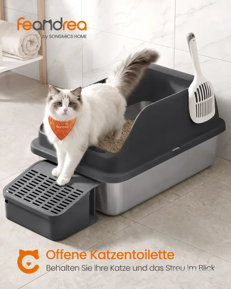 Kattenbak - Van Roestvrij Staal - Met Hoge Rand en Schep - Inktzwart - 61 x 41 x 30,2 cm - Bild 2