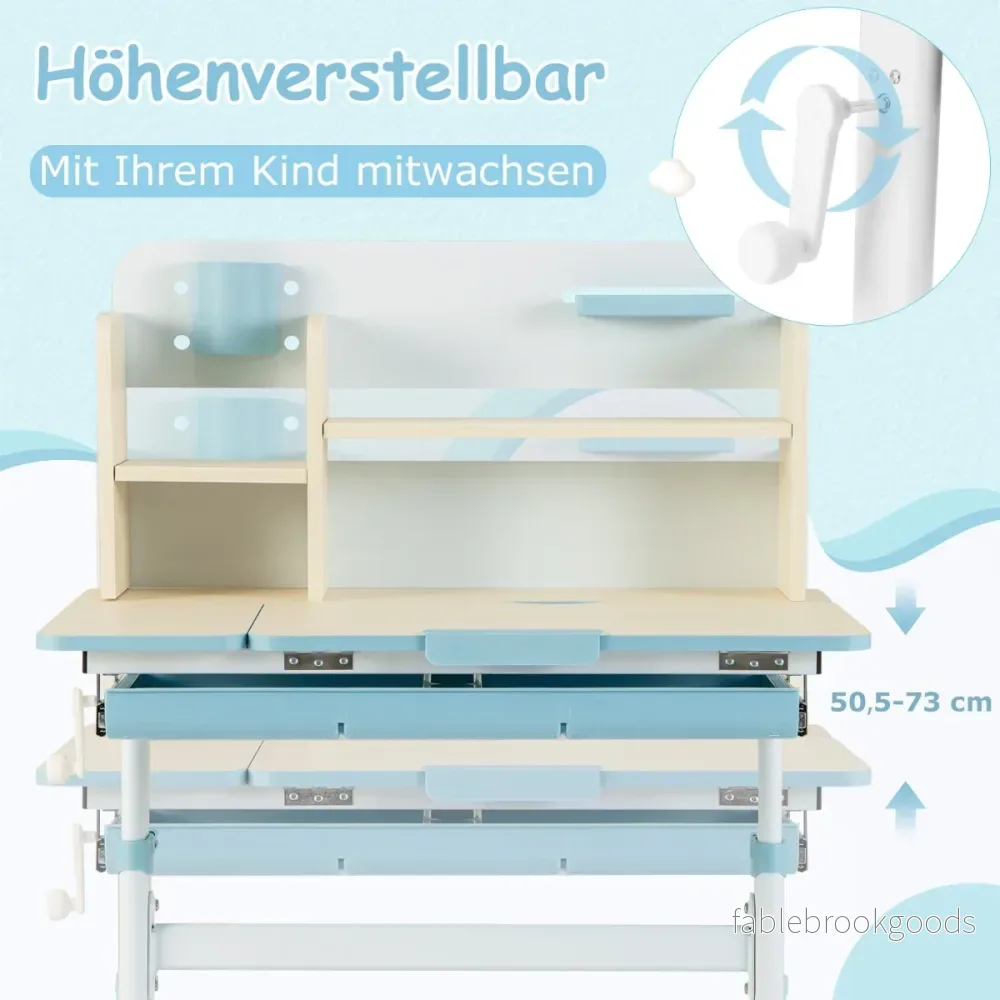 Höjdjusterbart – barnskrivbord med fällbar bordsskiva och hyllor låda studiebord – Blå - Bild 2