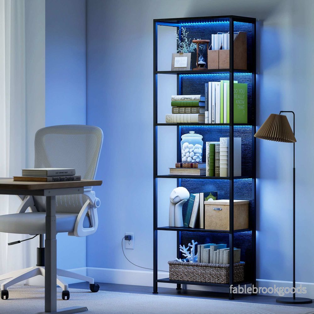 Bokhylla med 5 hyllor, LED-belysning, 7 färger, svart - Bild 2