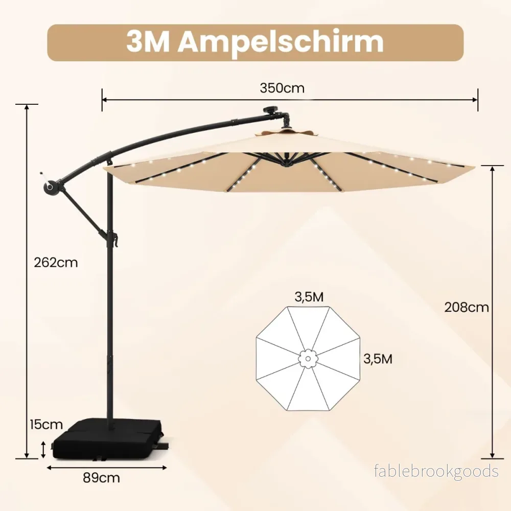 Vinkelsolparasoll – med Sol LED lampor och Sandsäckar Vev UV skydd – 40 Ø 350 cm – Beige