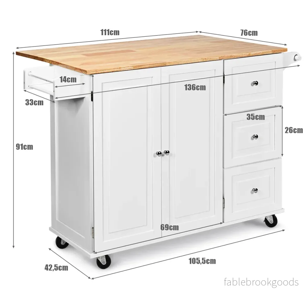 Rullbar – köksvagn med bänkskiva köksö handdukstork och lådor – 136 x 76 x 91 cm – Vit - Bild 2
