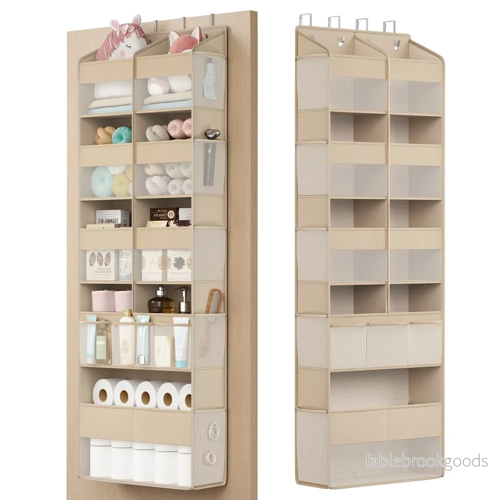 Deurorganizer - 17 x 50 x 150 cm - 9 vakken, 10 zijvakken, opvouwbaar - kleur: zandbeige - maximale belasting 20 kg