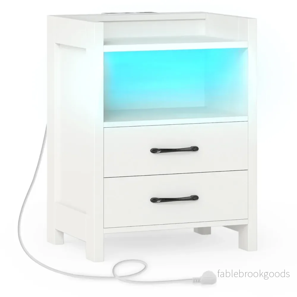 Nattduksbord – med LED belysning och laddningsstation lådor öppet förvaringsfack Sidobord Vitt – 2 45 x 35 x 60 cm – Vit