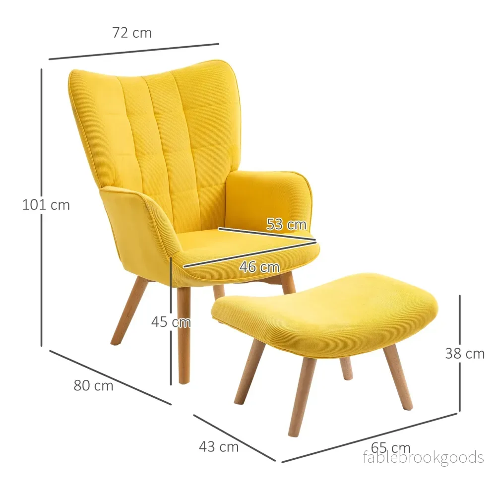 Gul Corduroy Wing Chair med pall – Wooden Legs Fåtölj - Bild 3