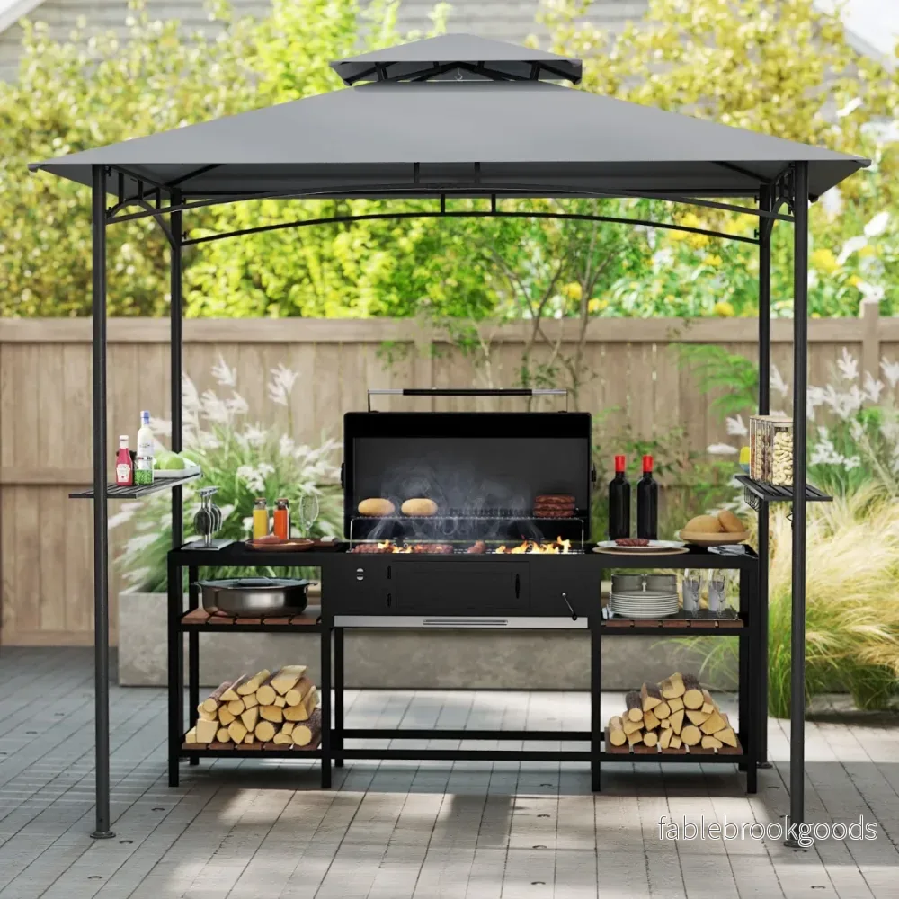 Grillpaviljong – med dubbelt tak och sidobord krokar Trädgårdspaviljong BBQ – 2 6 242 x 150 cm – Grå - Bild 3