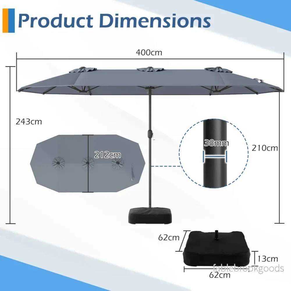 Dubbel – parasoll med stativ, solskydd UPF 50+, – 400 x 200 cm – Grå - Bild 2