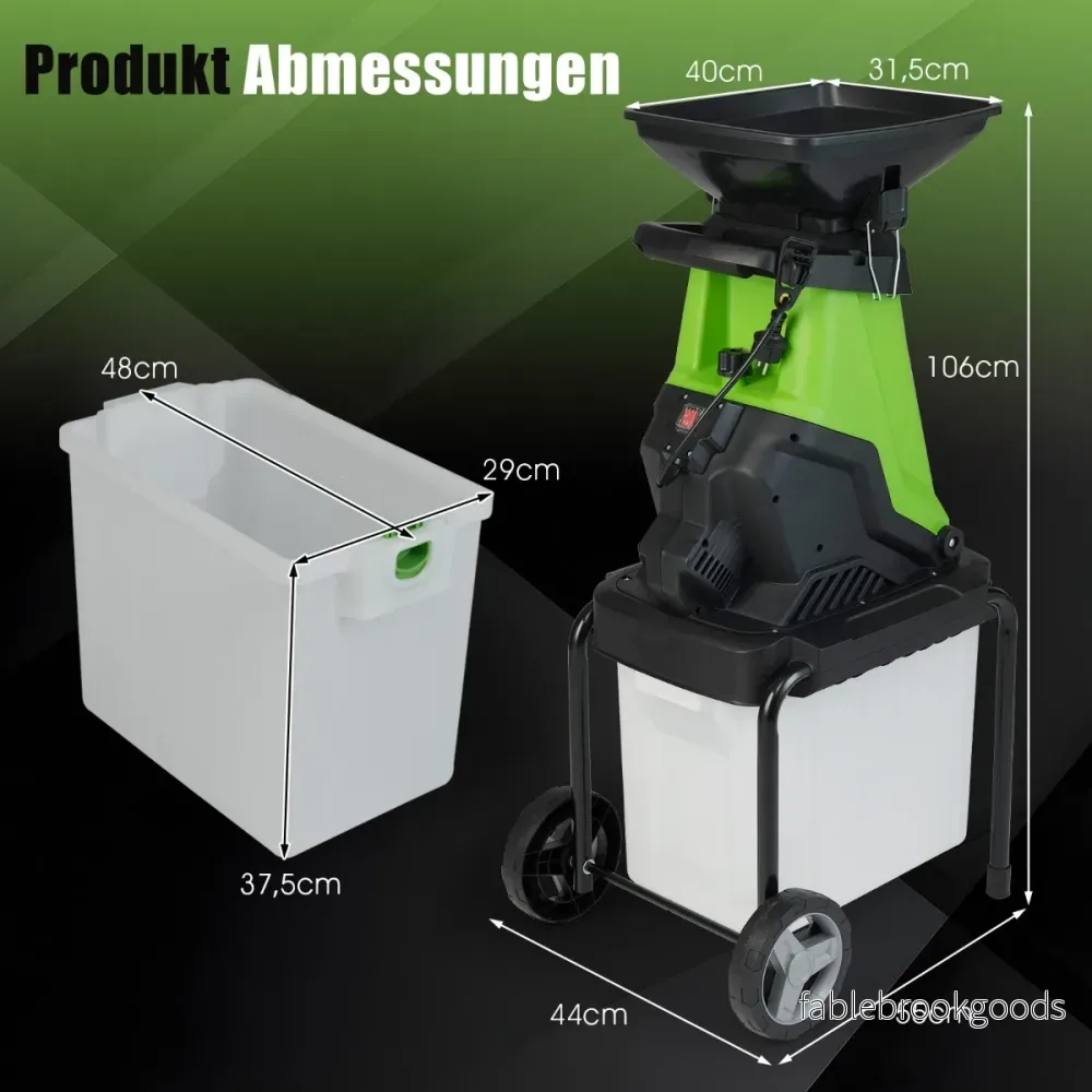 Elektrisk – kompostkvarn W Trädgårdskvarn med uppsamlingsbehållare skärdiameter Påfyllningstratt Hjul – 3000 50 l 45 mm – Grön - Bild 2
