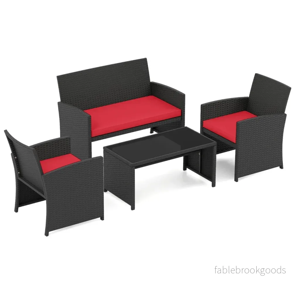 Rattan – trädgårdsmöbel set med stolar och bänk bord kuddar utomhuslounge – 2 – Röd