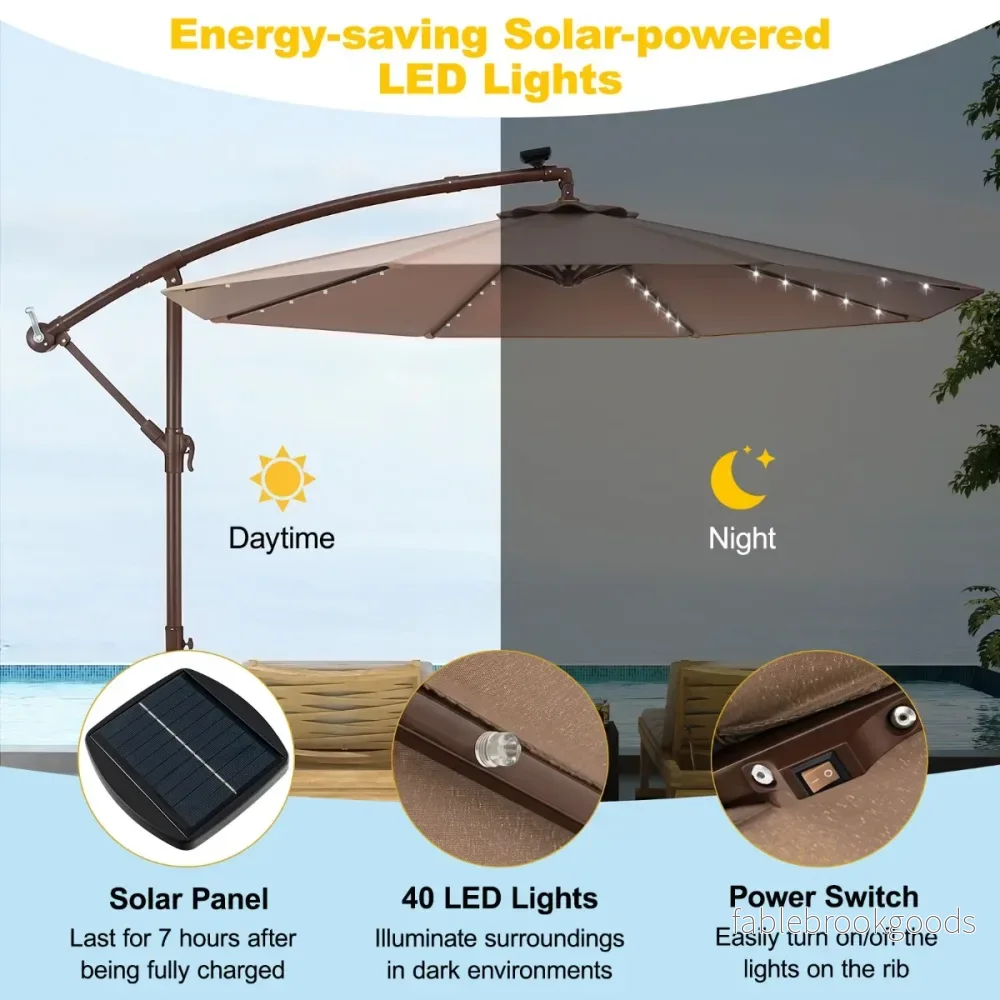 Solparasoll – med solar‑LED‑lampor och vev, hängande trädgårdsparasoll marknadsparasoll, ljusbrunt – 40 / – Ljusbrun - Bild 2