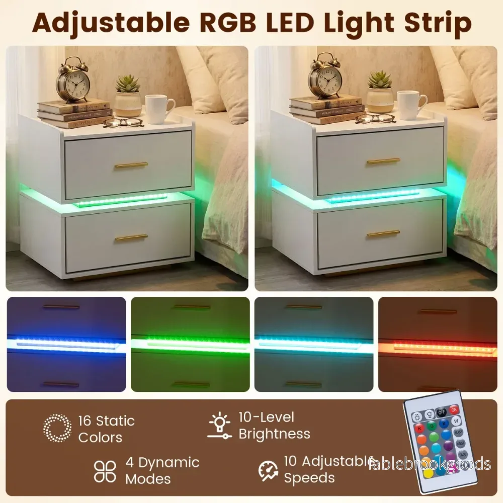pack – nattbord med laddstation, LED och lådor modernt halvhängande, vitt – 2 2 – Vit - Bild 3