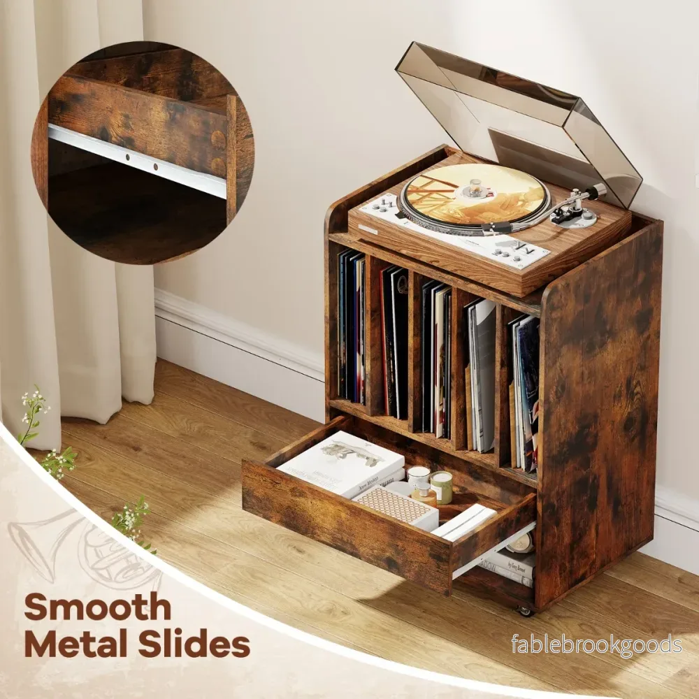 Skivspelarbord – Med Fack och Skåp Skivställ Vinylförvaring Hjul – 5 – Brun - Bild 3