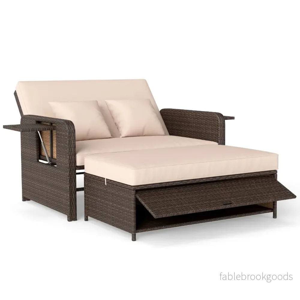 Soffset – i rotting sits fåtölj med ottomanska och sidobord Beige – 2 2 170 x 120 x 91 cm – Brun