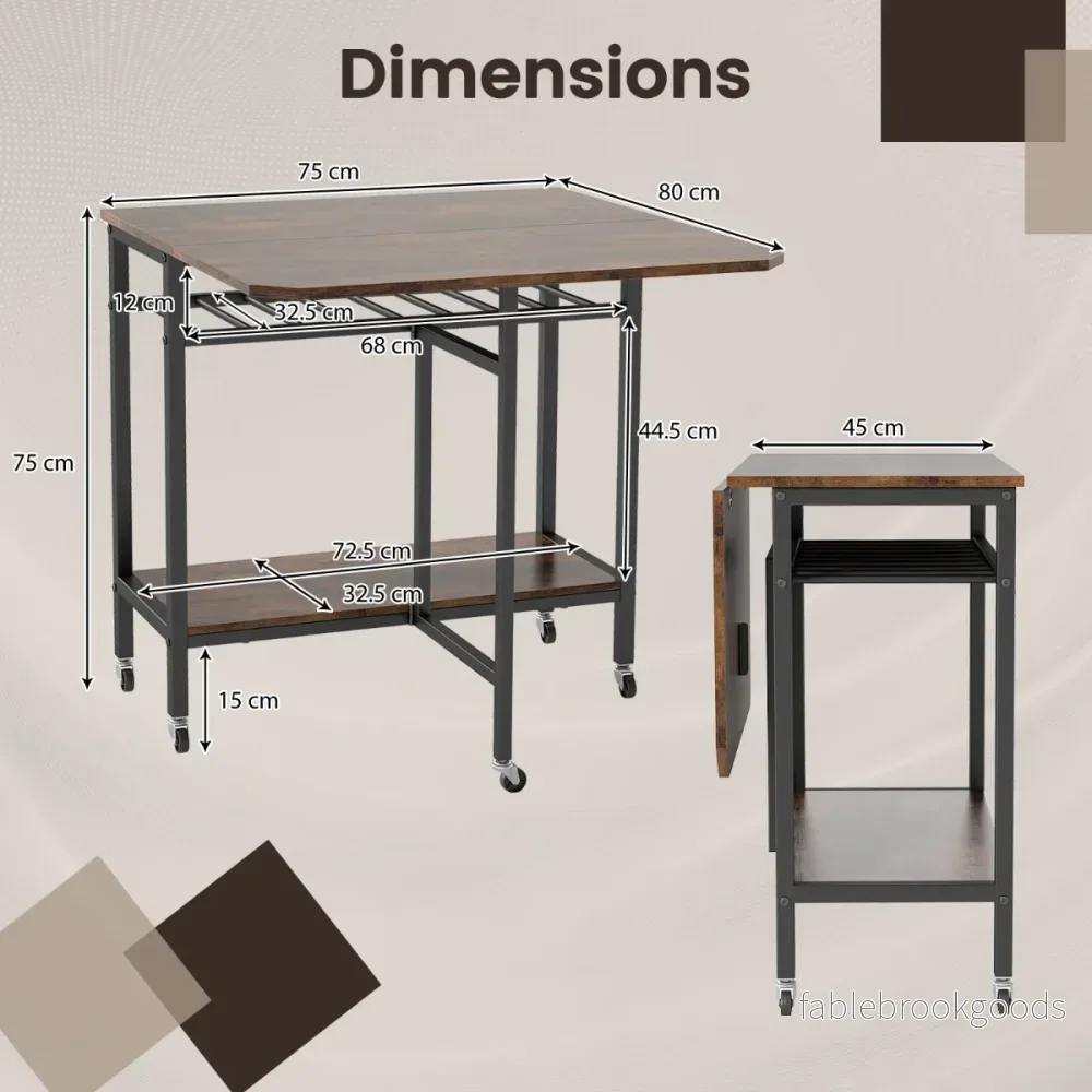 Klappbar – Matbord Med Hjul och Hylla Platsbesparande Kökbord Klappbord – Brun + svart - Bild 2