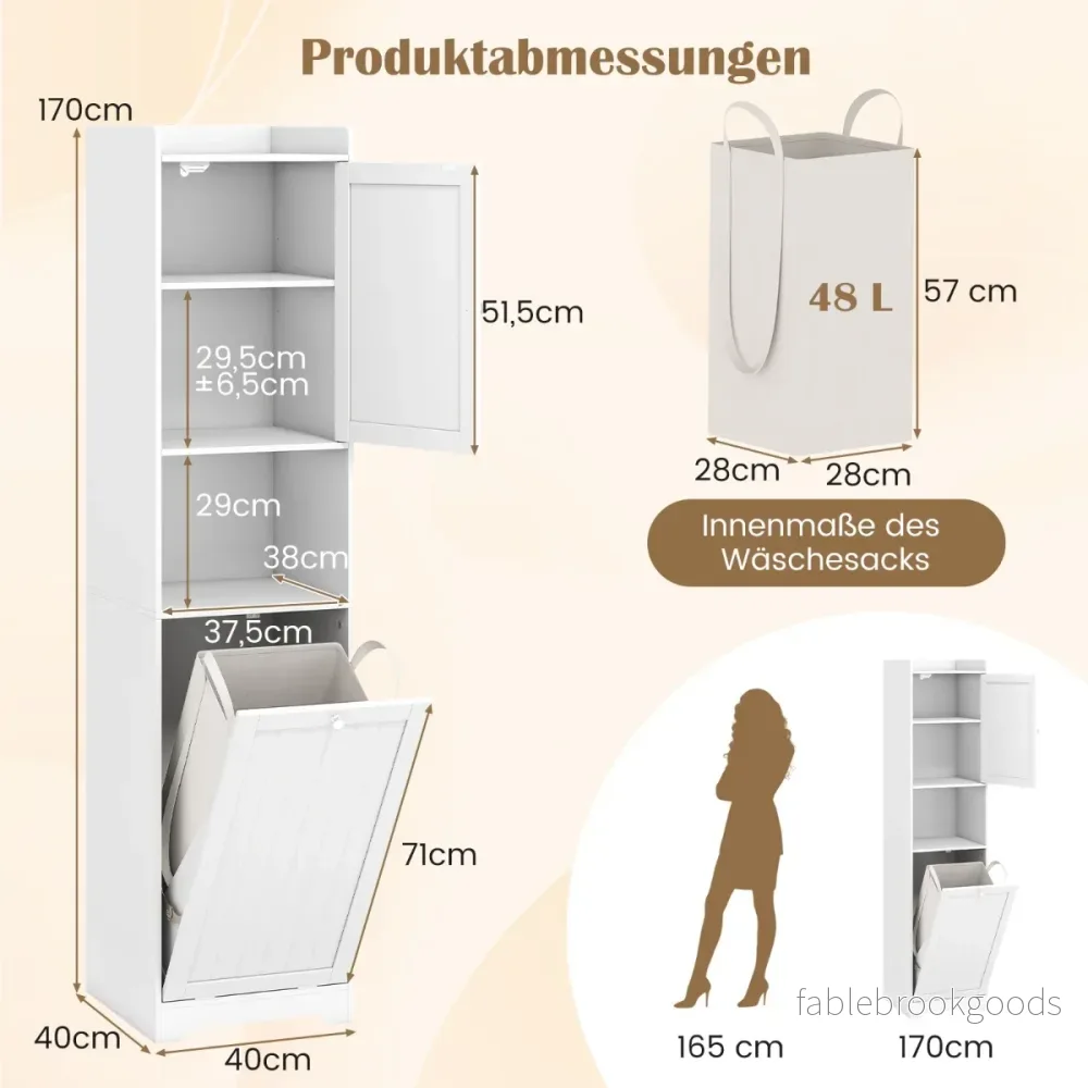 Badrumsskåp – hög och smal tvättstolpe med förvaringsutrymme justerbar hylla tvättpåse – 170 cm – Vit - Bild 2