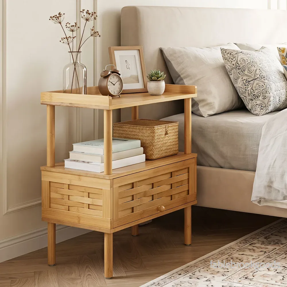 Bambu – nattbord med öppen hylla och hopfällbar dörr magnetlås, cm, naturfärgad – 41 x 31 x 59 - Bild 2