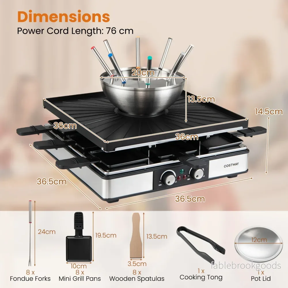 Raclettegrill – med fondue, W elgrill för personer, non stick grillplatta och pannor – 2200 8 8 - Bild 2