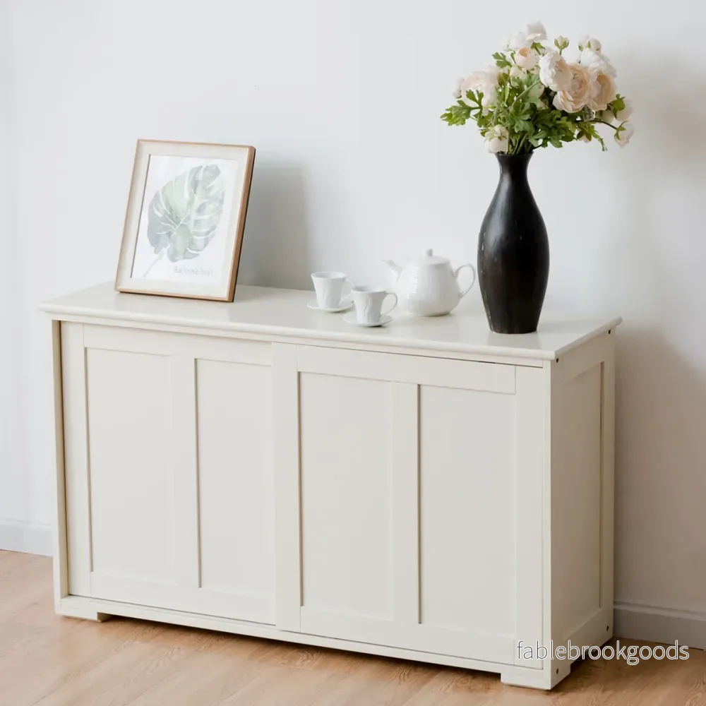 Skänk – Köksskåp Sidoskåp med skjutdörrar Vit/Brun – 106,5 x 33 x 60 cm – Beige - Bild 2
