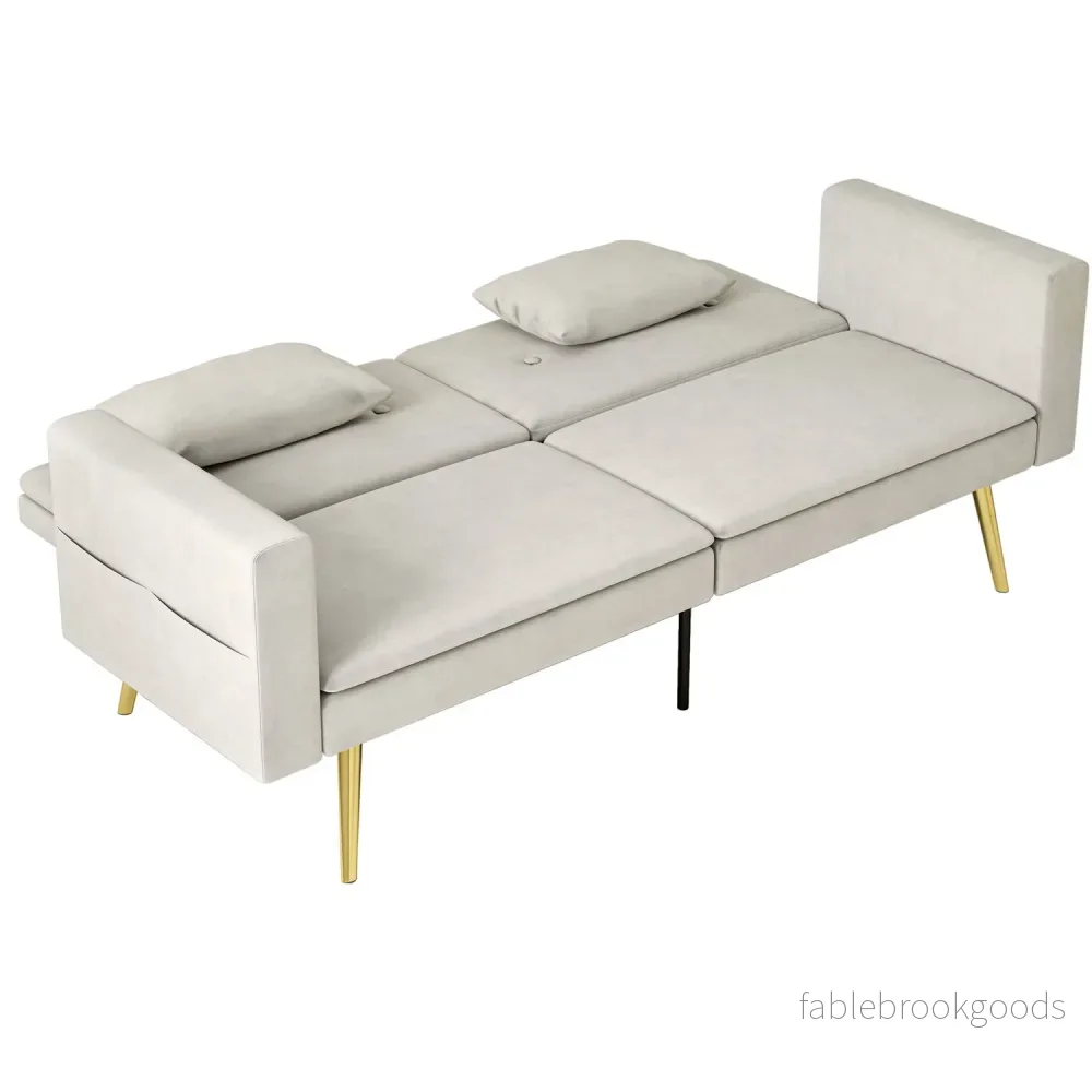 Beige bäddsoffa, 2-sits med justerbart ryggstöd & ficka Beige bäddsoffa, 2-sits med justerbart ryggstöd & ficka