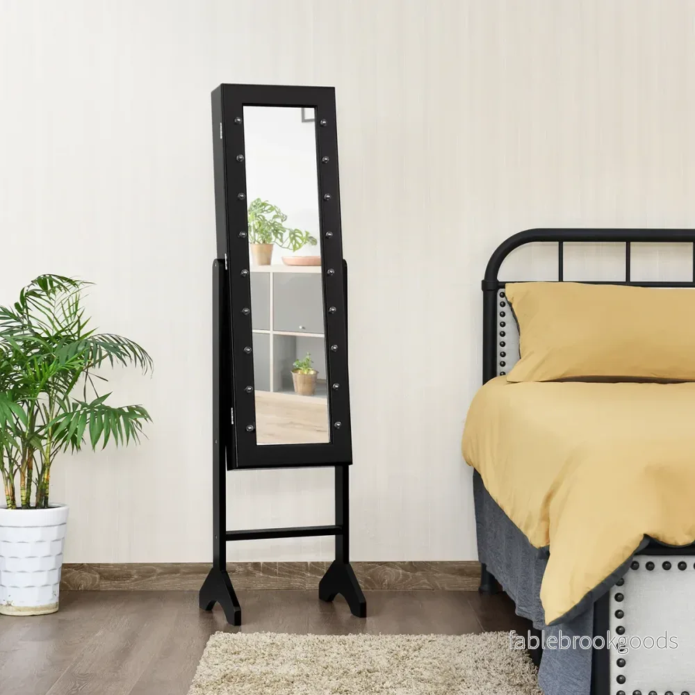 LED smyckesskåp – Lutning Justerbar Stående Design Smyckehylla med fullängdsspegel – 18 35 x 31,5 x 145 cm – Svart