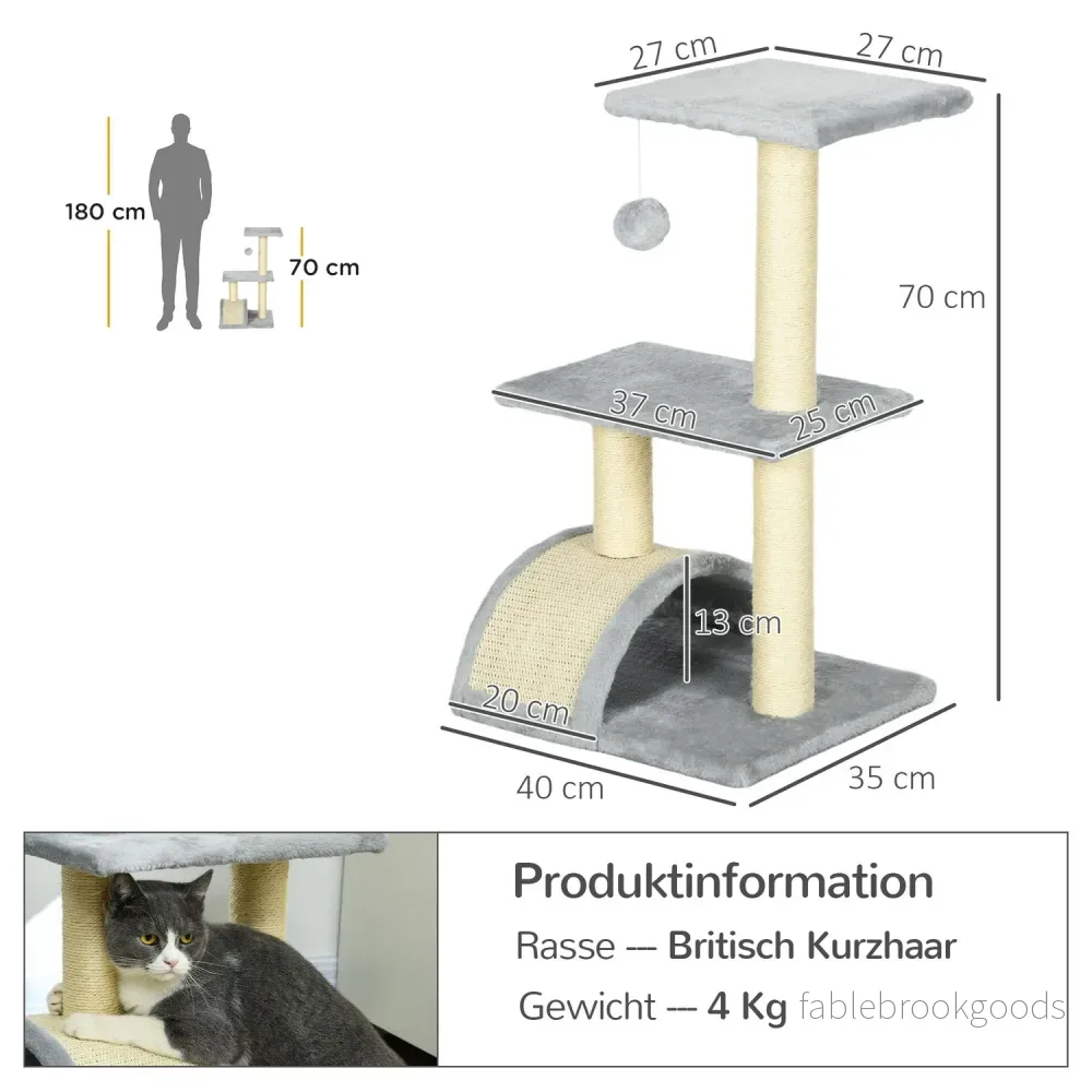 Kattträd 72 cm katttorn med plyschbollar, sisalstolpar, plattform, skrapbräda ljusgrå - Bild 3