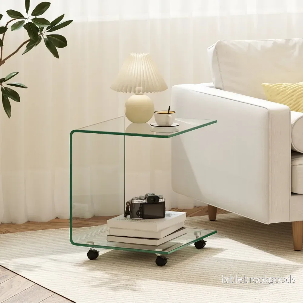 Sidobord – i härdat glas med hjul C formad Nattduksbord Soffbord Kaffebord Transparent – Genomskinlig - Bild 3