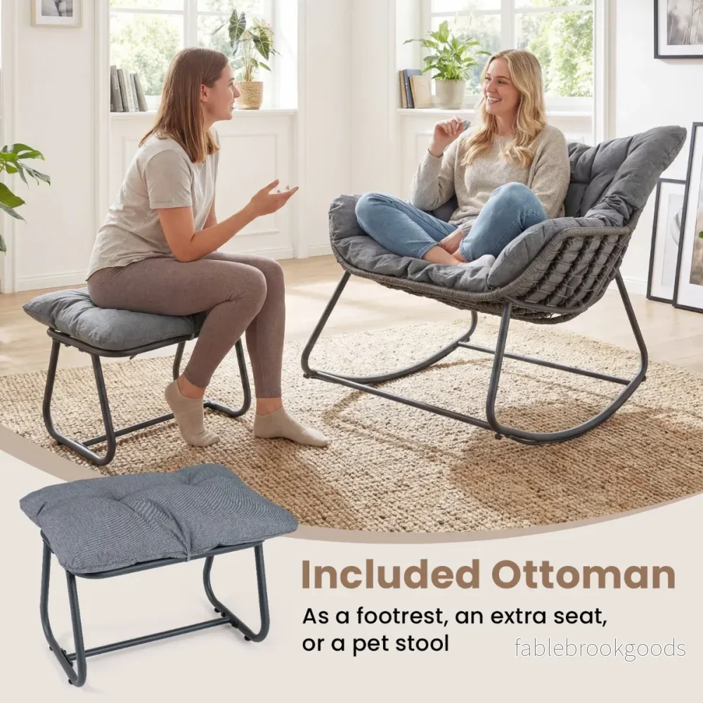 Schaukelstuhl – med Pall Gungfåtölj PE Rattan och Metallram ergonomisk Relaxfåtölj – Grå - Bild 3