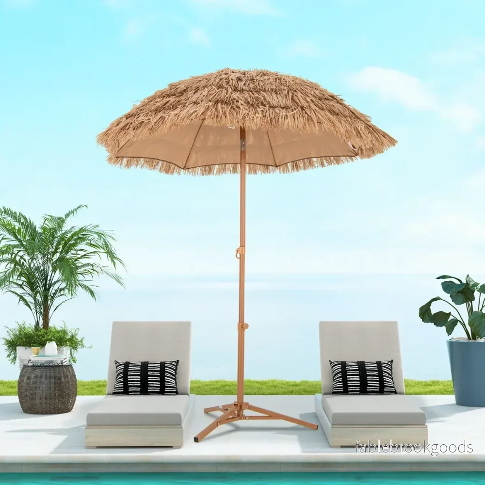 Hawaiian – Style Beach Paraply med hopfällbart stativ och lutningsknopp bärväska Tiki – Natur - Bild 2