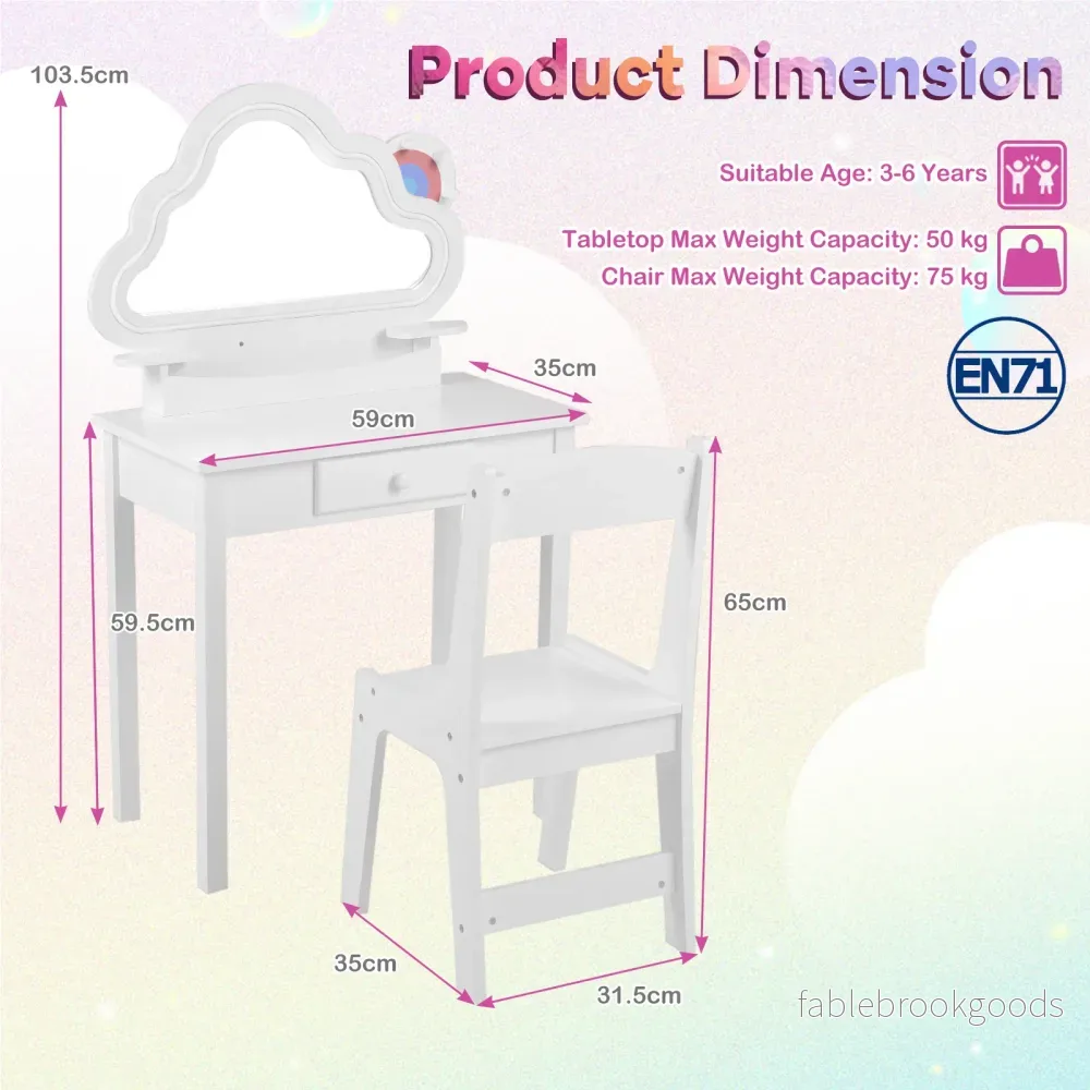 Barnsminkbord – med belyst molnspegel, tre smyckeskrokar för år – 3-6 - Bild 2