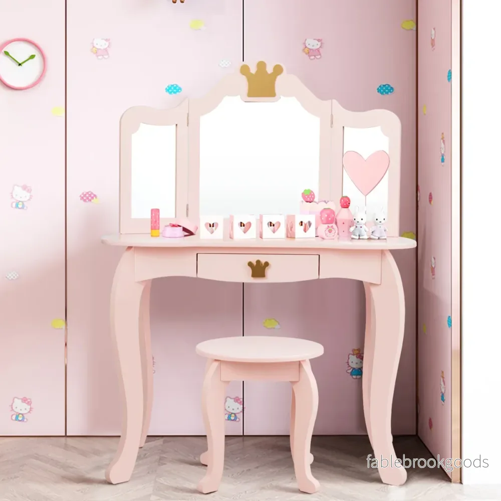 i – Sminkbord för barn med pall och avtagbar spegel flickor – 2 1 80 x 42 x 105 cm – Rosa
