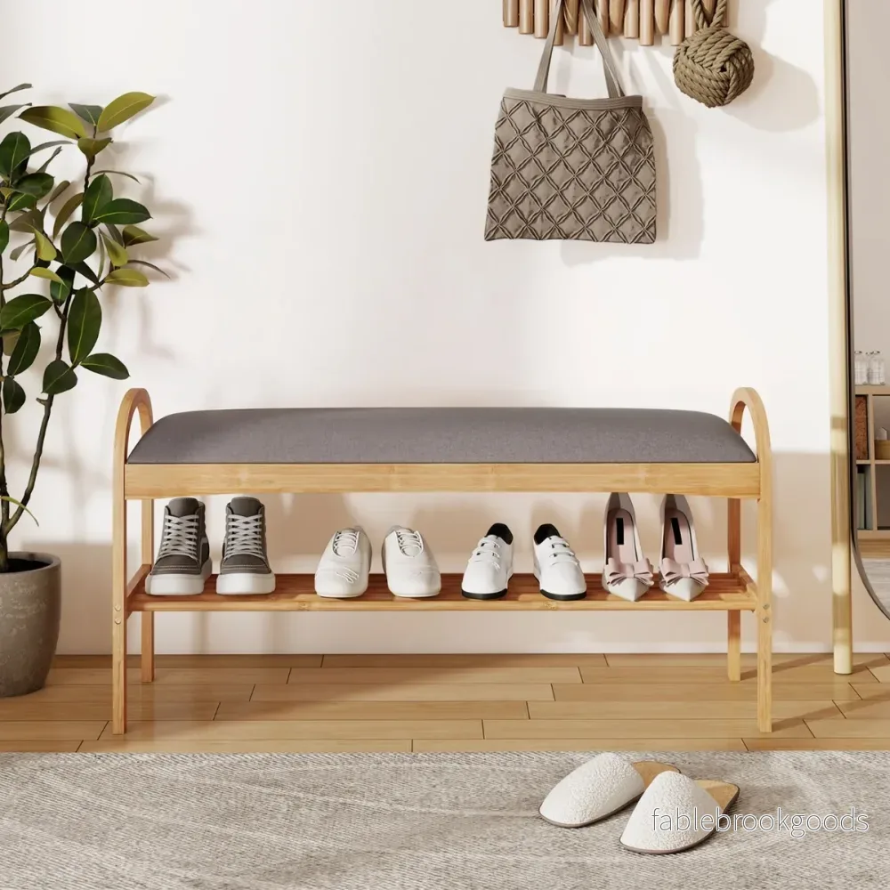 Sko – bänk med sittplats nivåer Vadderat kudde och bambusträram Skoskåpa – 2 – Grå - Bild 3