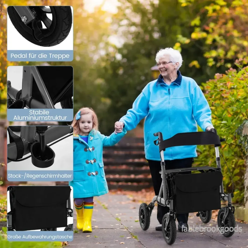 Rollator – hopfällbar och lätt med säte i aluminium upp till i rullstol – 136 kg 2 1 – Svart - Bild 2
