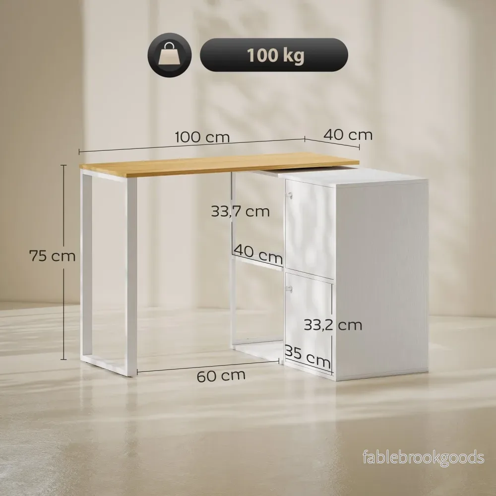 L-format skrivbord, roterande hörn, 2 skåp, 2 hyllor, 150x40x75 cm, vit - Bild 3