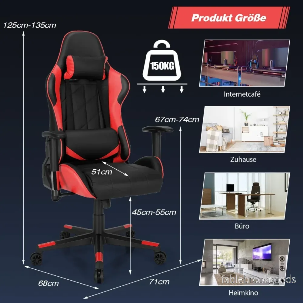 Gamingstol – Racing Style Snurrstol med nackstöd och ländryggskudde 90° 160° Justerbar lutningsvinkel – Röd - Bild 2