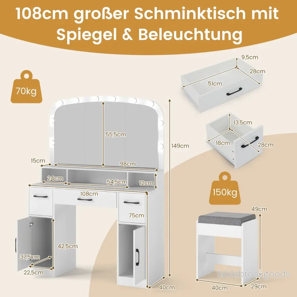 Sminkbord – med sminkpall och ljusfärger LED spegel laddstation frisörbord – 3 – Vit - Bild 2