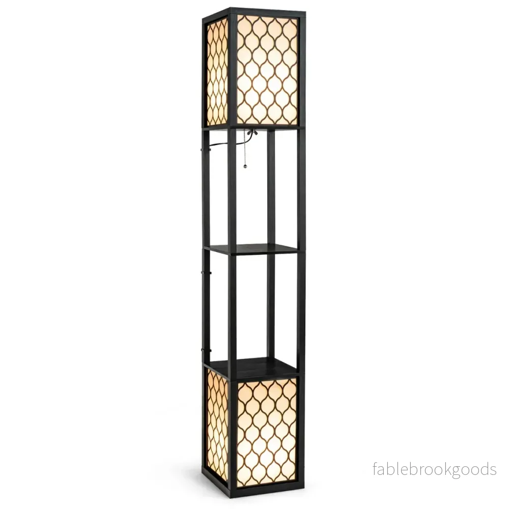 Golvlampshylla – Fristående dubbellampa med trähylla och vit lampskärm – 26 x 26 x 156 cm – Svart