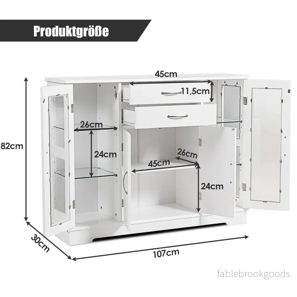 Förvaringsskåp – i trä med dörrar och lådor i härdat glas – Vit - Bild 2