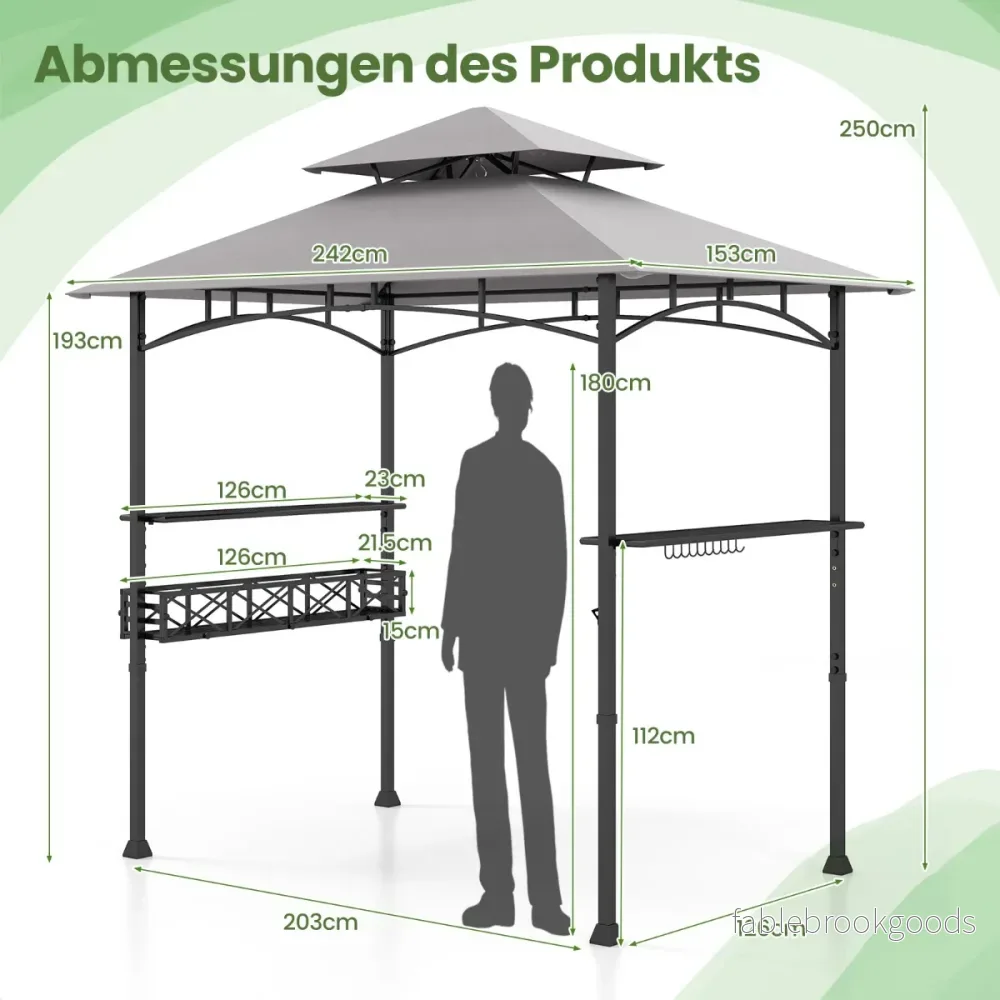 Grillpaviljong – med dubbelt tak och sidobord metallkorg grillöverbyggnader grillskydd – Grå - Bild 2