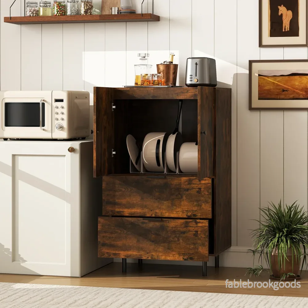 Sidoard – i trä med metallben, bufféskåp, serveringsskåp lådor och dörrar, – 60 x 41,5 x 102 cm – Kaffe - Bild 3