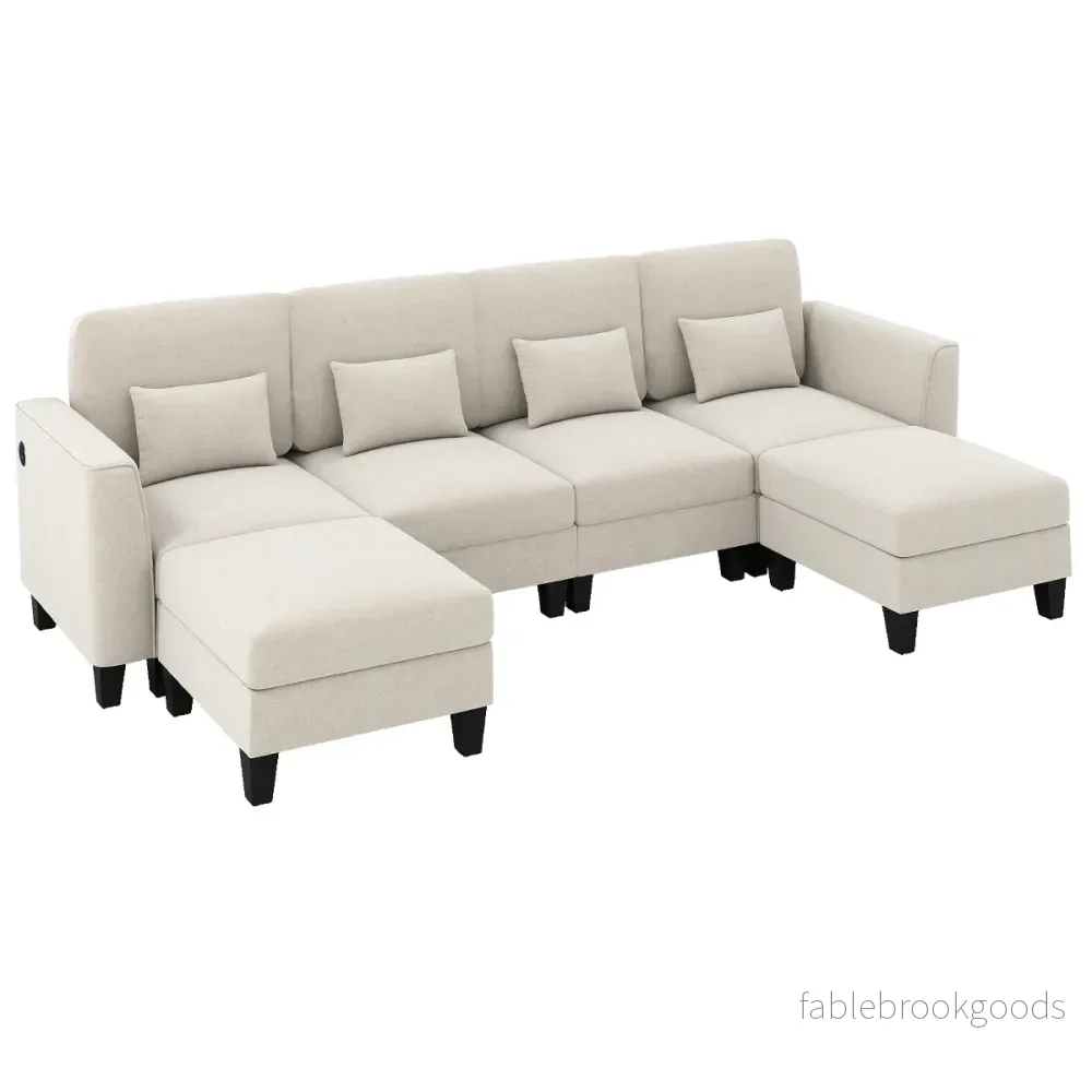 Hörnsoffa – med ottomaner U formad modulär USB och Type C laddningsportar sits soffgrupp – 2 4 280 cm – Beige