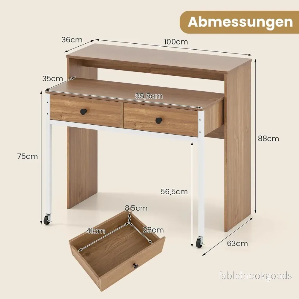 Utdragbart – skrivbord, mindre datortabell med lådor och hjul – 2 100 x 63 x 88 cm – Natur - Bild 2