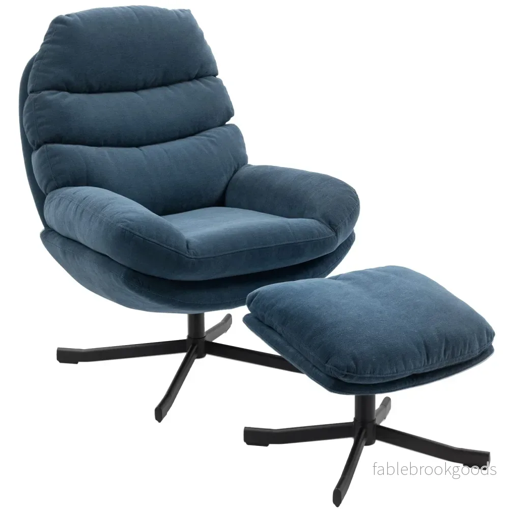 Relaxfåtölj med fotpall, chenilletyg, blå, 360 graders vridbar
