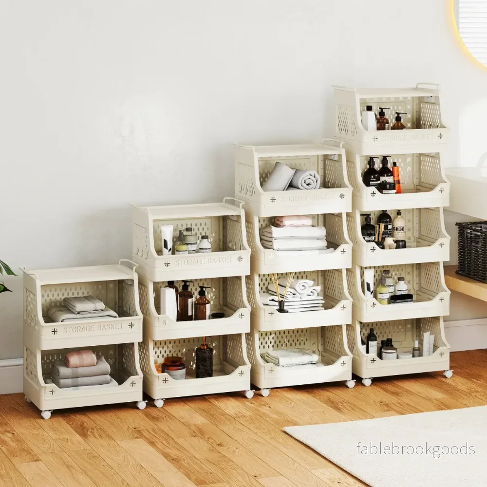 steg – Rullande Tvättkorg med Handtag och Krok Staplbar Plast Förvaringsvagn – 5 – Beige - Bild 3