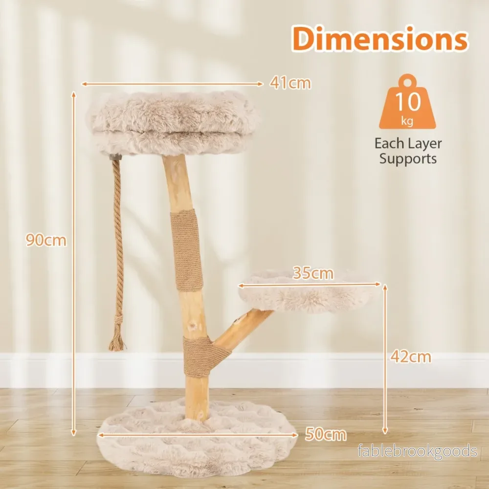 Massivt – trä kattpinn med plyschsittytor, rep och repstolpe, kattträd, katttorn – 3 90 cm – Beige - Bild 2