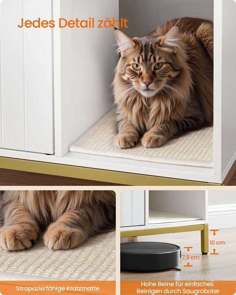Kattsandskåp med skrapmatta – Platssparande – Vitt och guld - Bild 3